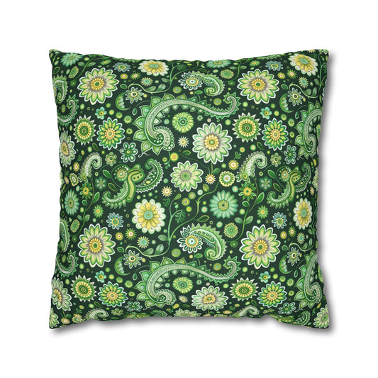 Emerald Oasis in Lush Paisley and Floral Mandala in Soothing Green Tones Polyester Square Pillowcase 4 Sizes