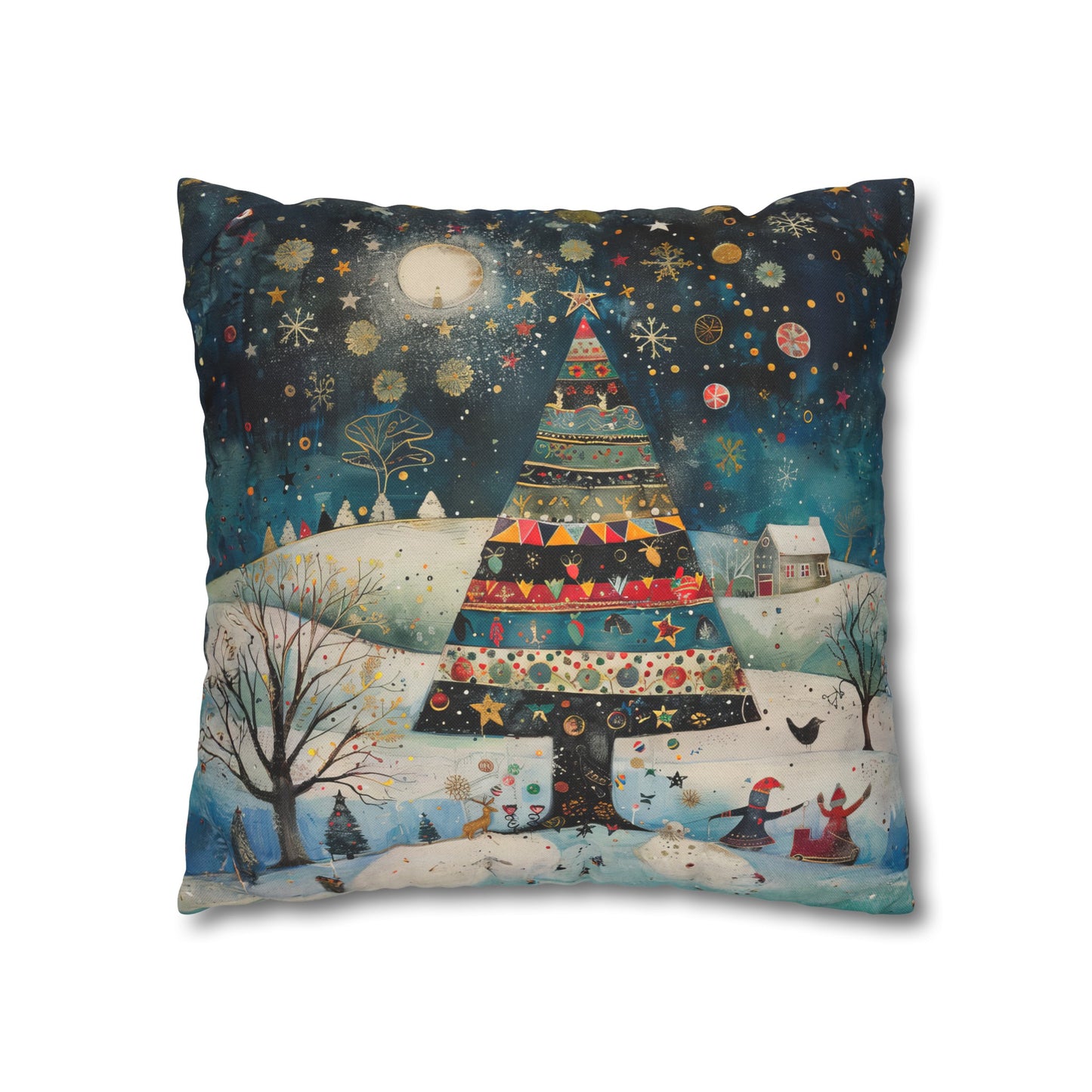 Nighttime Delights: Folk Art Christmas Tree Illuminating a Town, with Joyful Children Playing Below Spun Polyester Square Pillowcase 4 Sizes