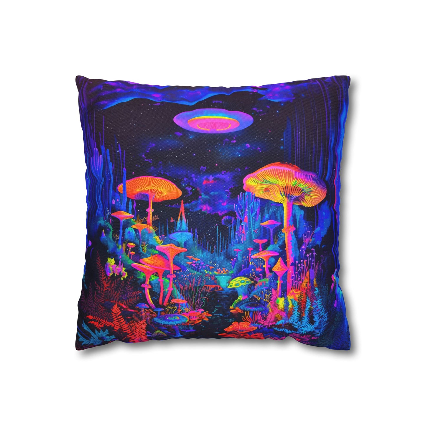 Vibrant Psychedelic Fantasy Neon Mushroom Forest Landscape Spun Polyester Square Pillowcase 4 Sizes