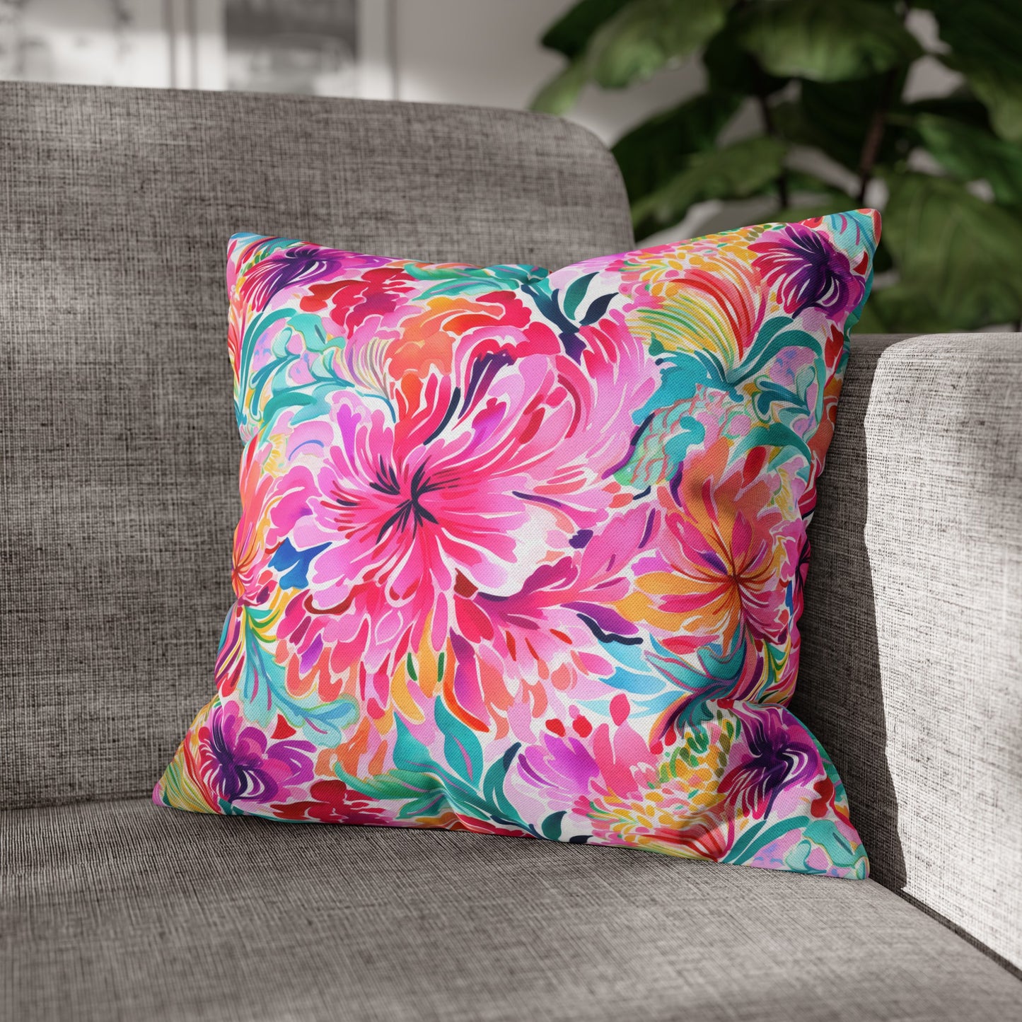 Rainbow Tropics: Watercolor Flowers in Vibrant Pink, Green and Orange Hues Spun Polyester Square Pillowcase 4 Sizes