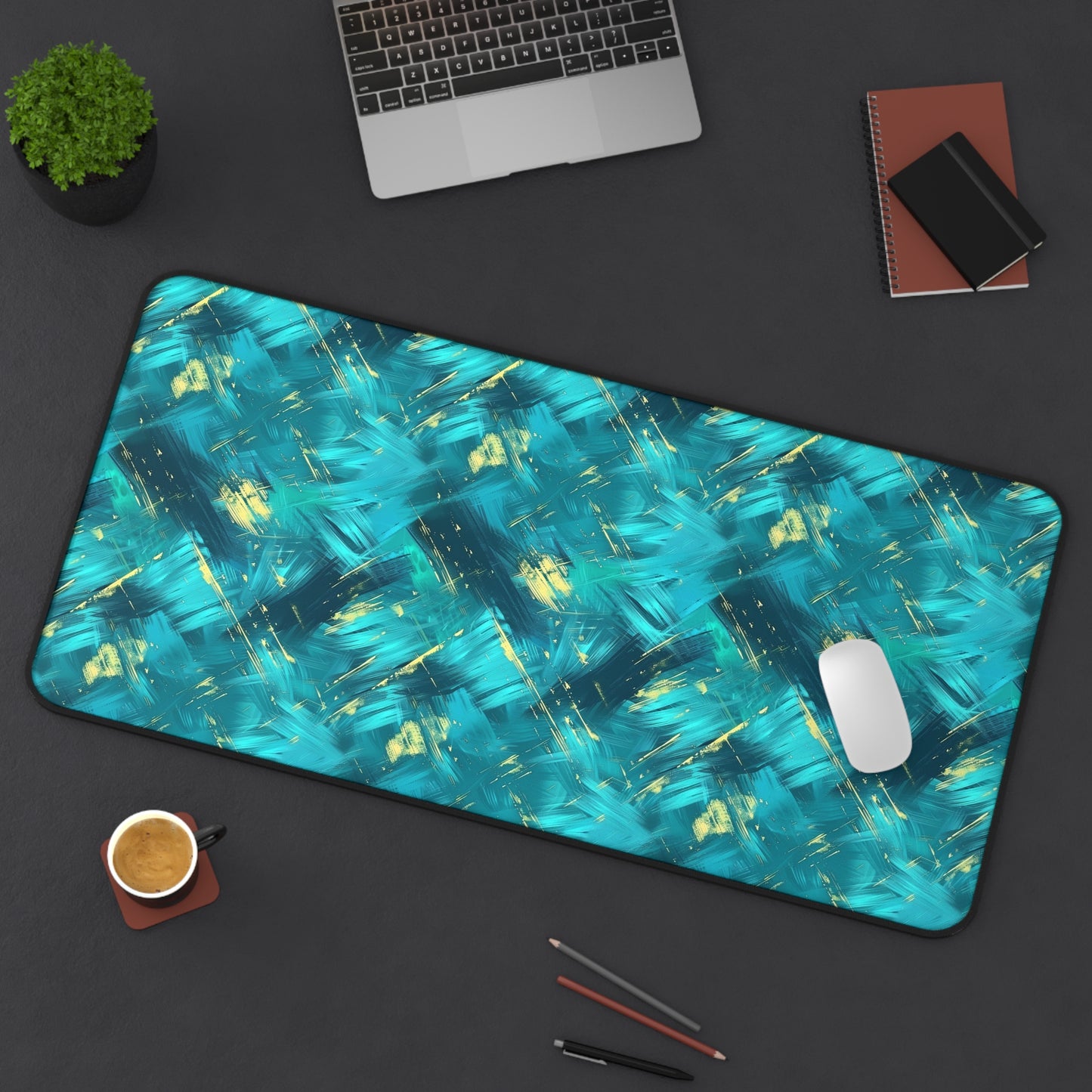 Vibrant Teal and Gold Abstract Brushstroke Pattern Extended Gaming Mouse Pad  Desk Mat  - 3 Sizes