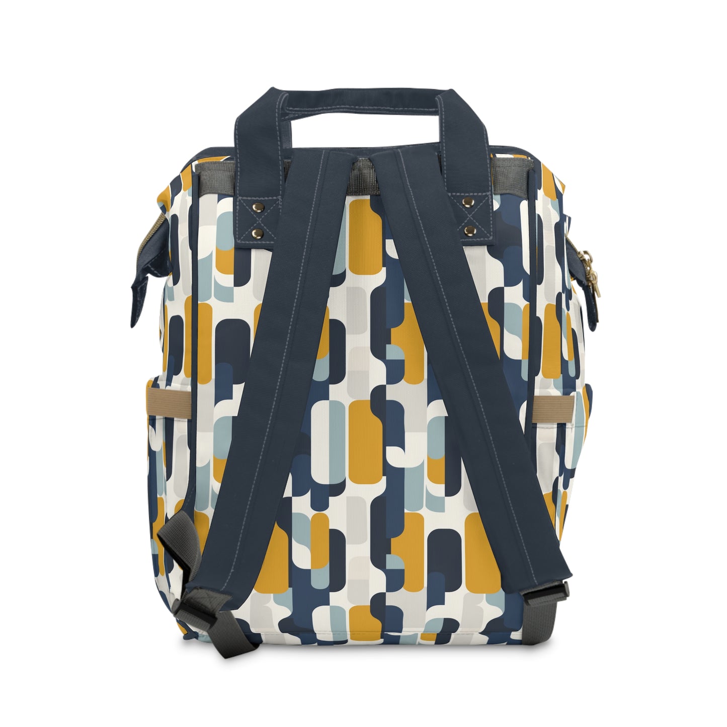 Modern Retro with Bold Geometric Pattern in Mustard and Navy  Multifunctional Diaper Backpack