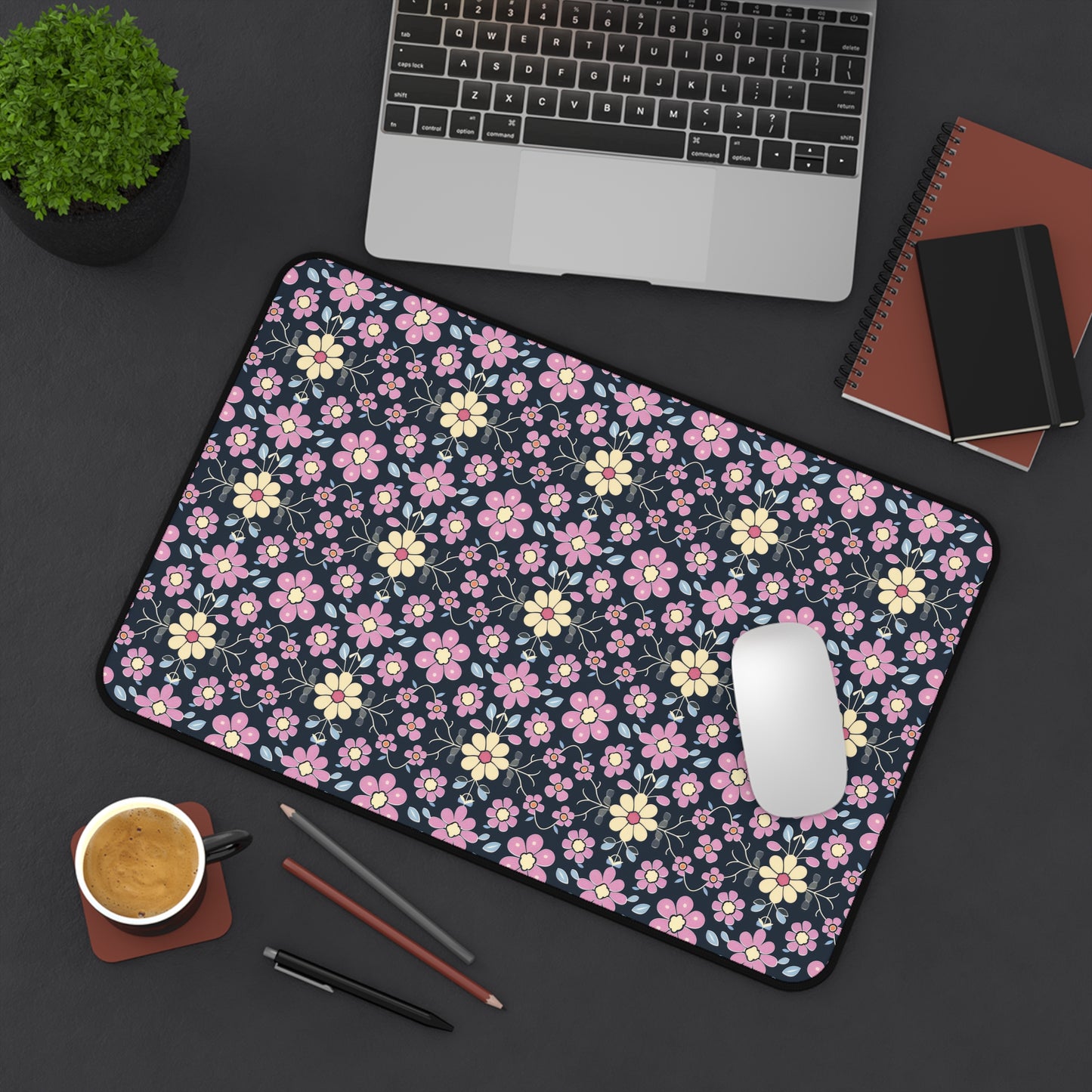 Charming Pastel Pink and Yellow Flowers on Navy Blue Background Extended Gaming Mouse Pad  Desk Mat  - 3 Sizes