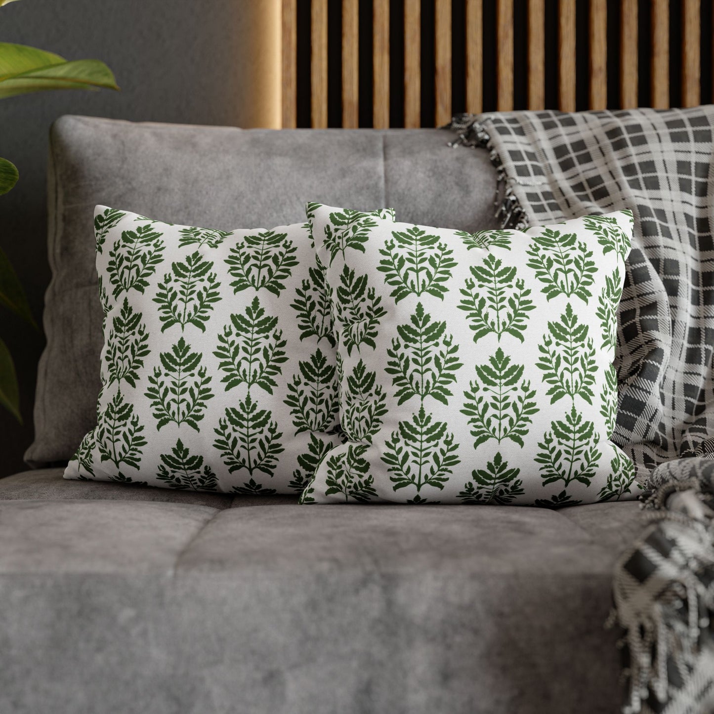 Verdant Harmony in Elegant Green Botanical Block Print Pattern Spun Polyester Square Pillowcase 4 Sizes