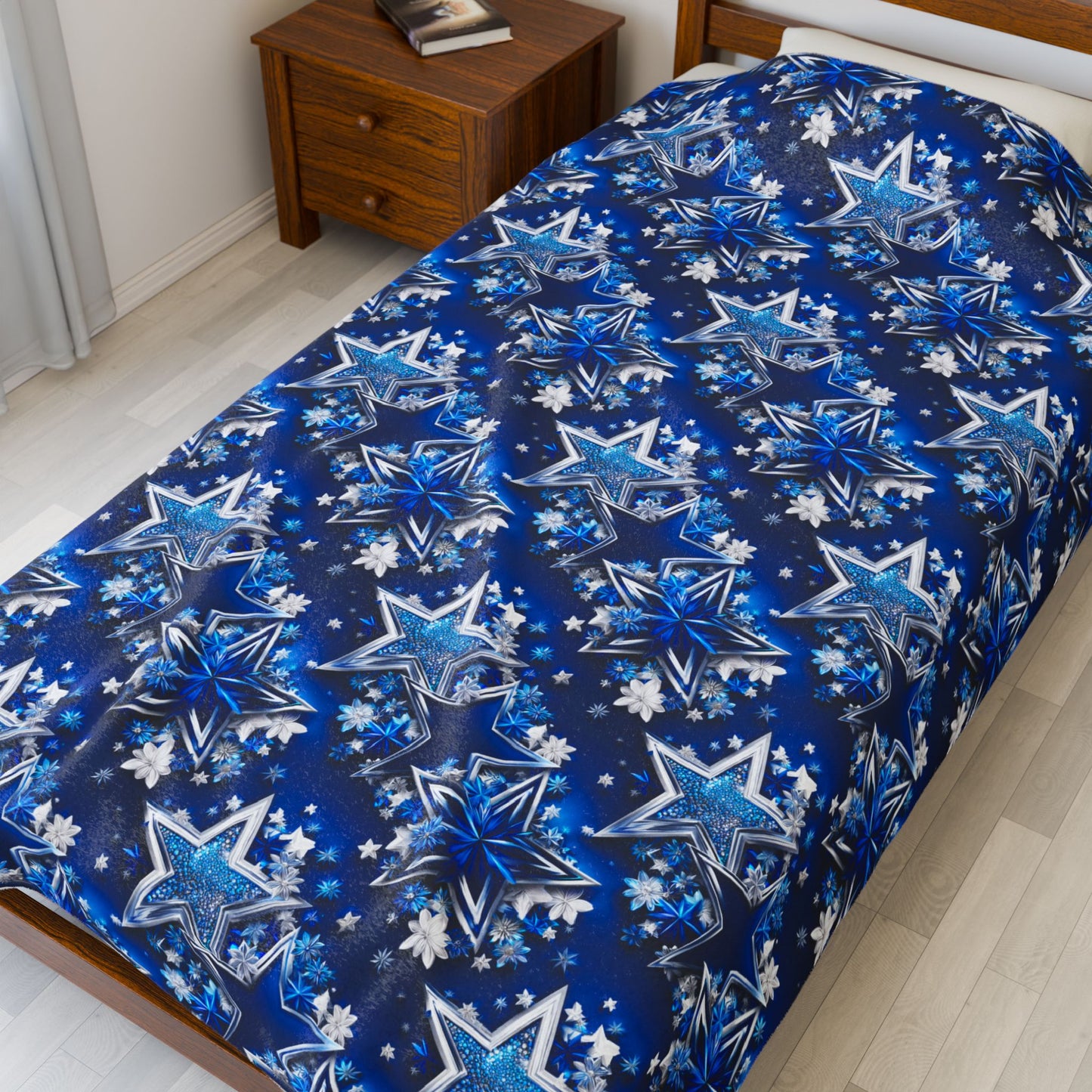 Texas Stars in Blue and Silver with Flowers Print Velveteen Plush Blanket 3 Sizes