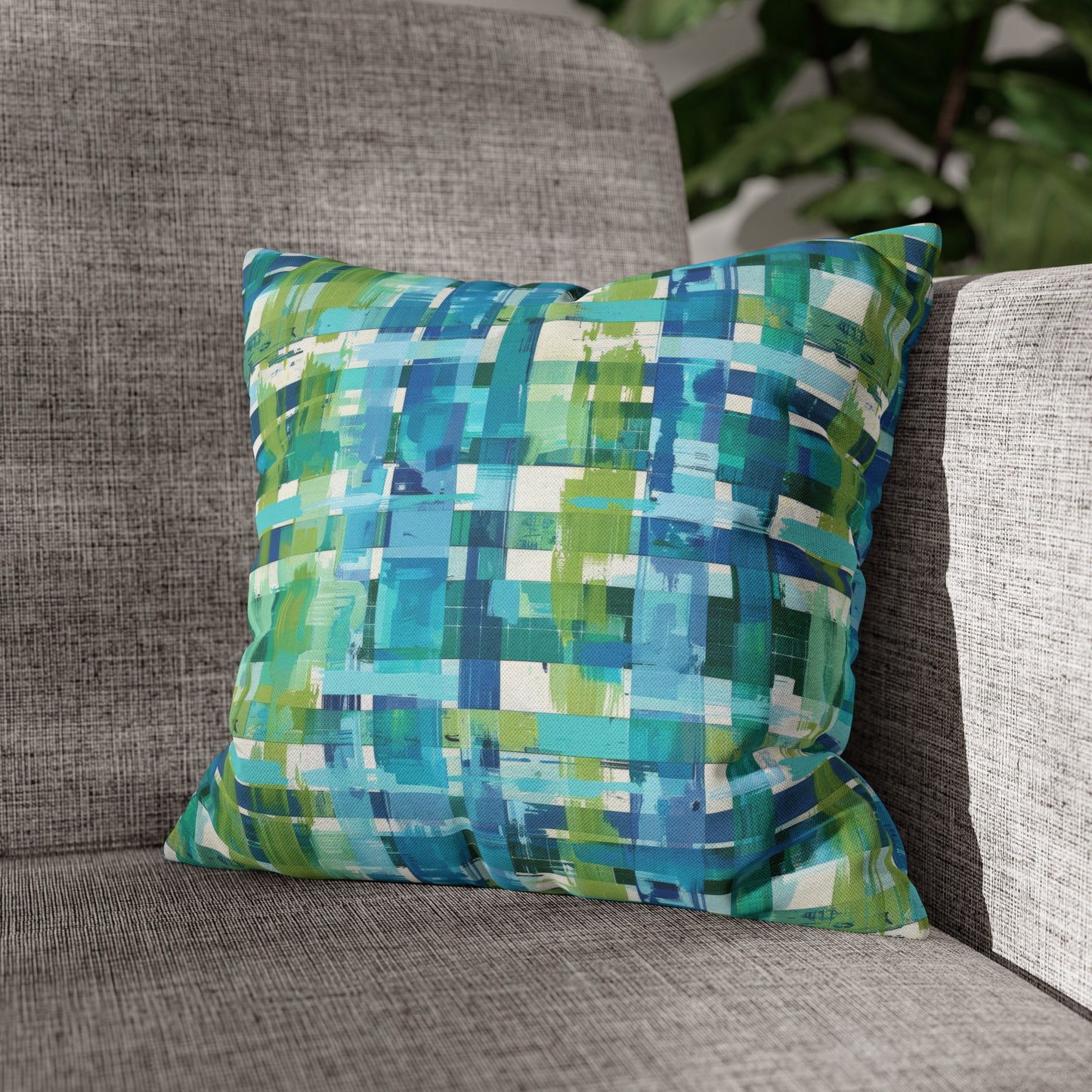 Enchanted Lagoon: Vibrant Green and Blue Abstract Plaid Spun Polyester Square Pillowcase 4 Sizes