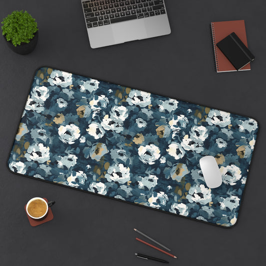 Chic and Artistic Floral Blooms in Shades of Navy, Gray, and Soft Gold Gaming Mouse Pad  Desk Mat  - 3 Sizes