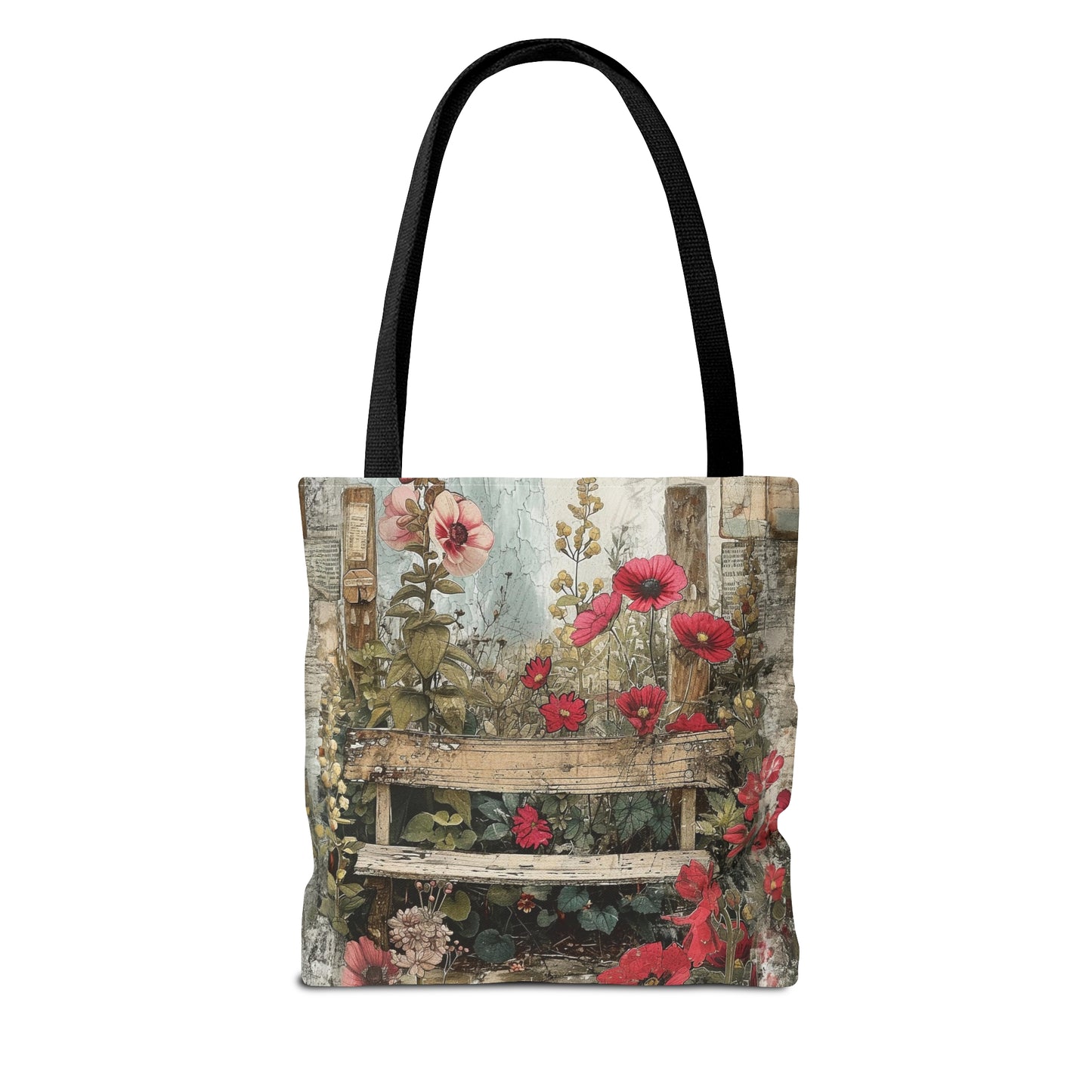 Rustic Retreat: Flower Garden Adorned with a Weathered Bench Canvas Tote Bag - 3 Sizes