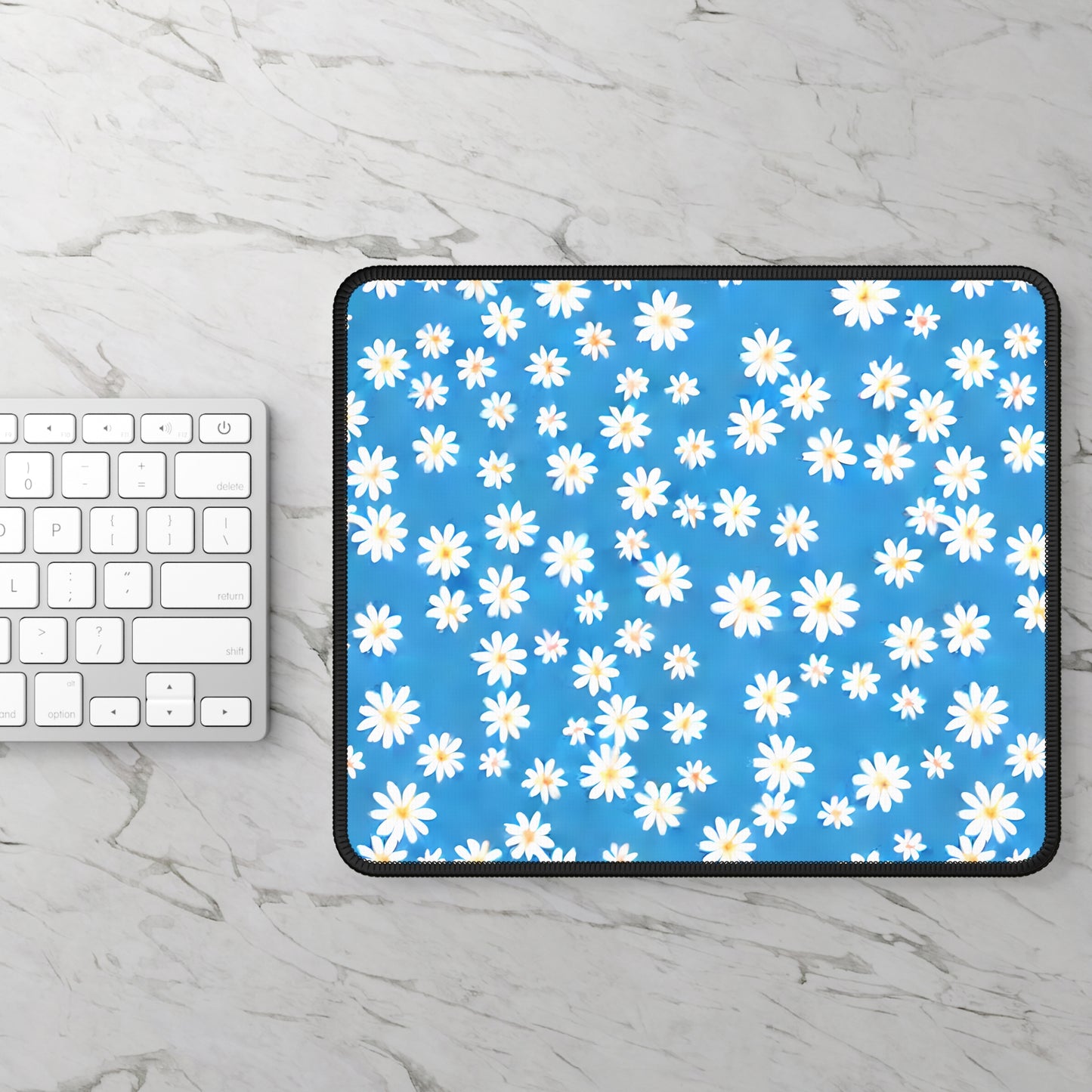 Skys Whisper: Tiny White Daisies on a Serene Blue Gaming Mouse Pad with Finished Edges