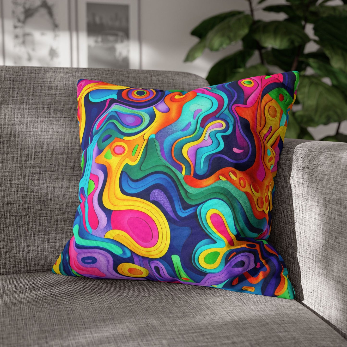 Vibrant Dreamscape of Psychedelic Paper Cut-Out Waves in Vivid Colors Polyester Square Pillowcase 4 Sizes