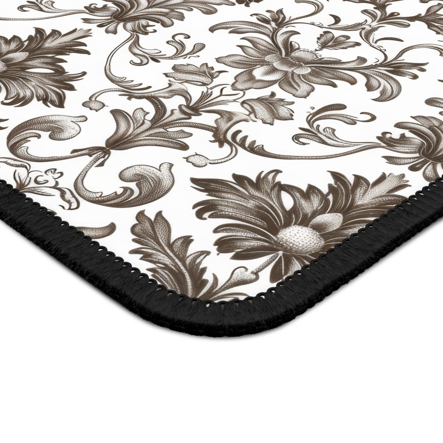 Timeless Rococo Elegance in Detailed Brown and White Floral Pattern Mouse Pad with Finished Edges