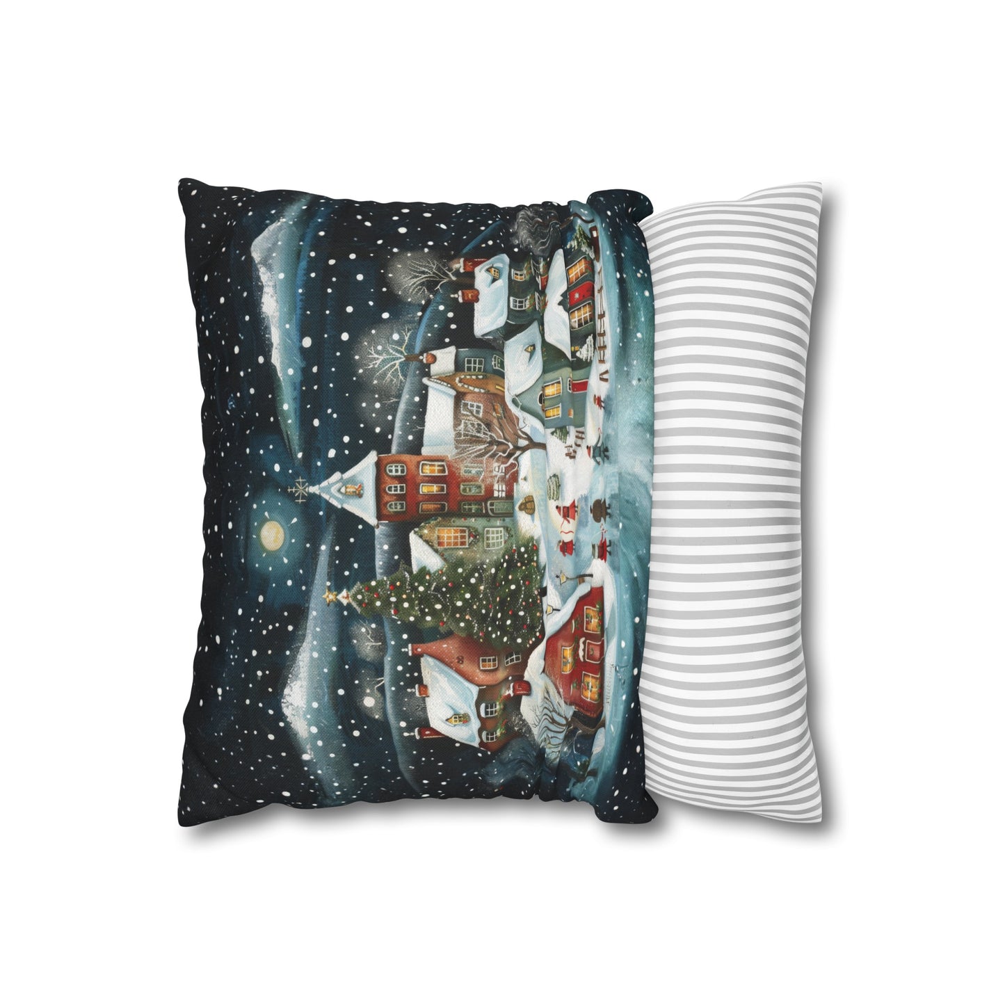 Midnight Magic: Winter Town Aglow with Christmas Decorations and Tree Spun Polyester Square Pillowcase 4 Sizes