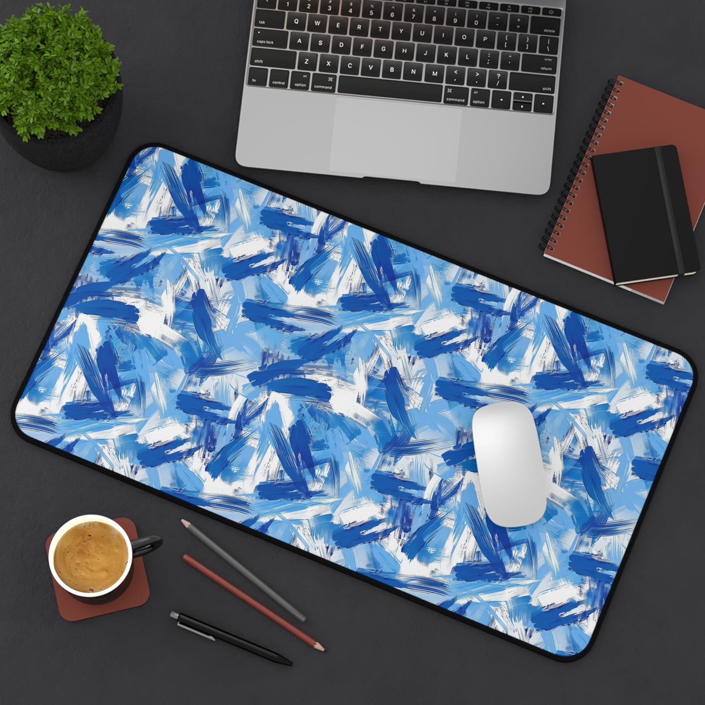 Bold Blue and White Abstract Brushstroke Pattern Gaming Mouse Pad  Desk Mat  - 3 Sizes