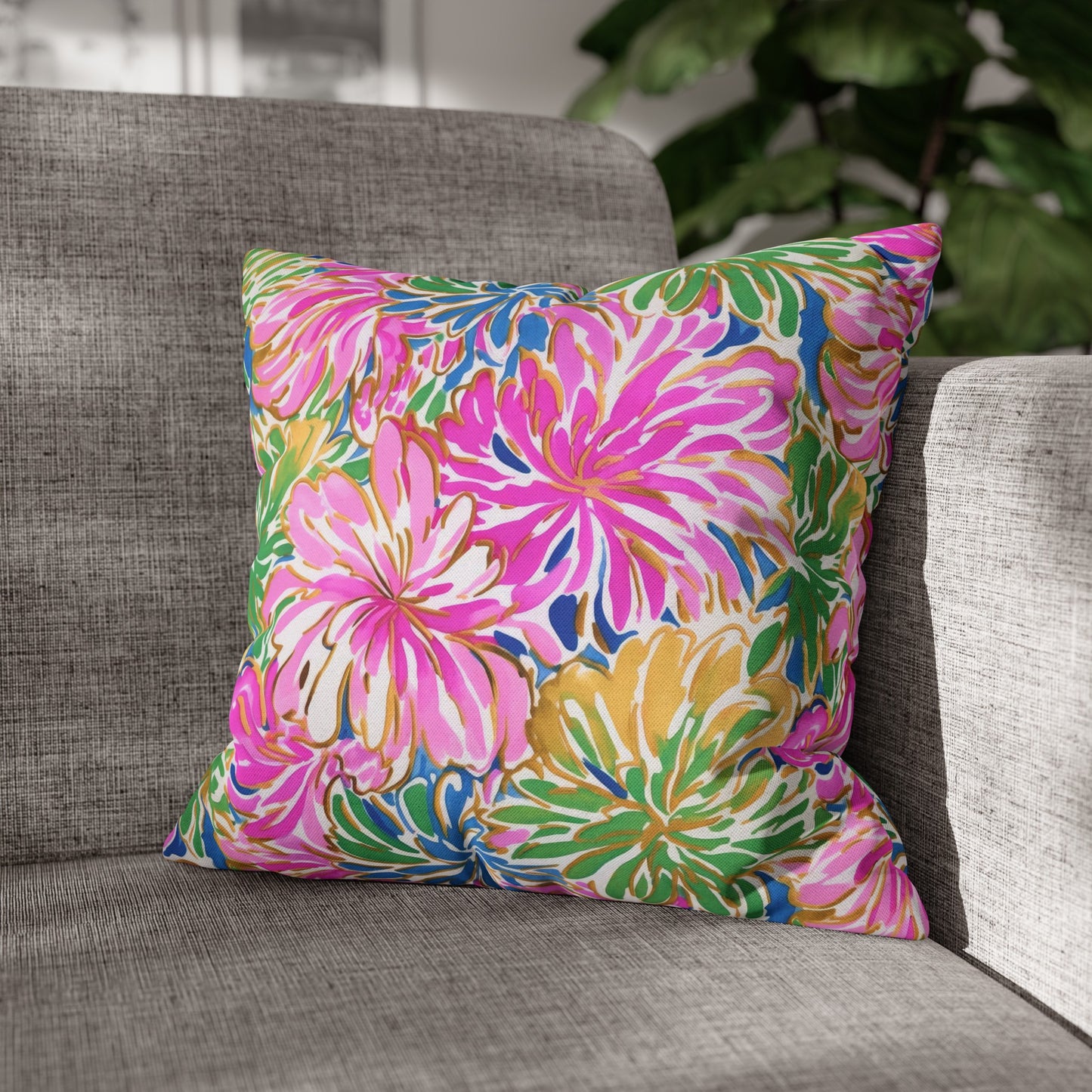 Pastel Bouquet: Large Blooms of Pink, Gold, and Blue in Watercolor Spun Polyester Square Pillowcase 4 Sizes