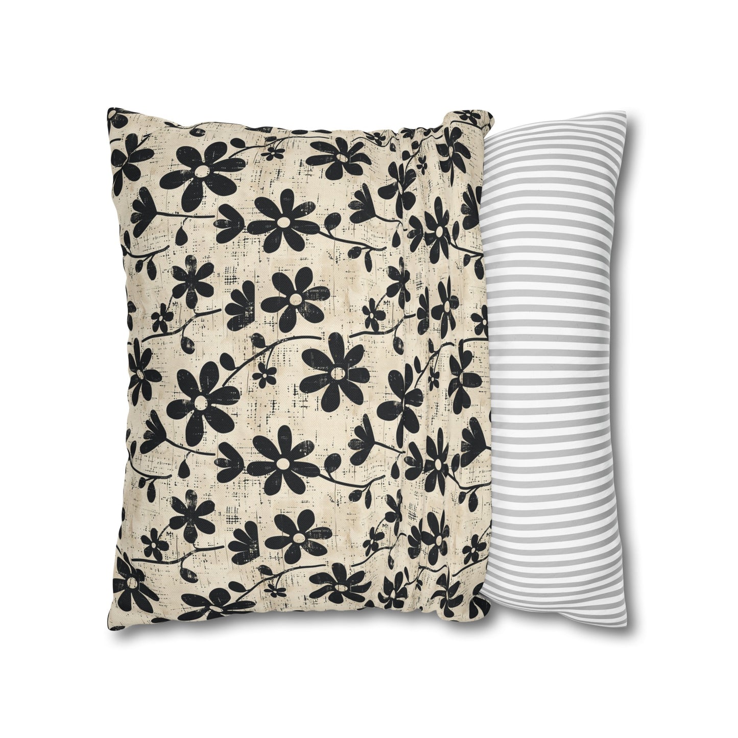 Distressed Black Floral on Beige Background Spun Polyester Square Pillowcase 4 Sizes