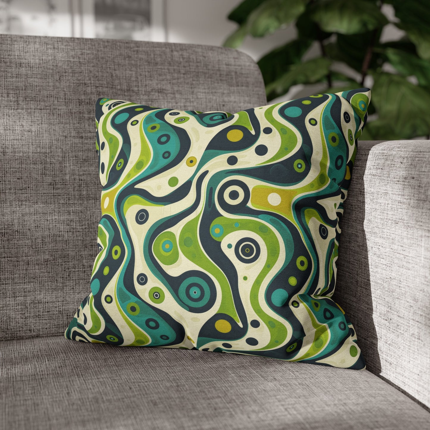 Groovy Retro Greens and Blues Abstract Waves Spun Polyester Square Pillowcase 4 Sizes