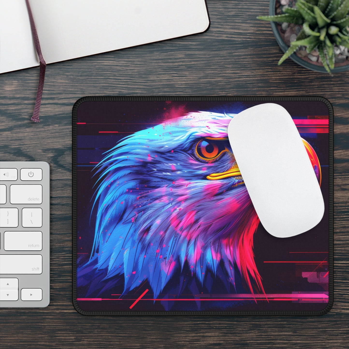 Retro 80s American Eagle in Neon Cyber Vibes Gaming Mouse Pad with Finished Edges