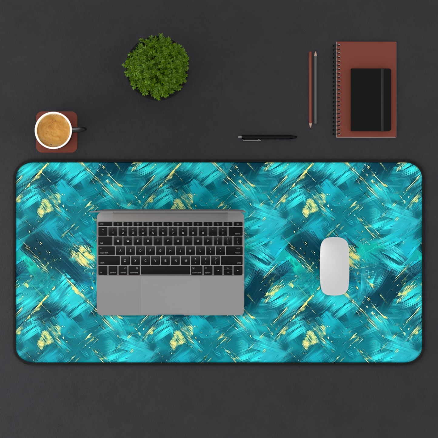 Vibrant Teal and Gold Abstract Brushstroke Pattern Extended Gaming Mouse Pad  Desk Mat  - 3 Sizes