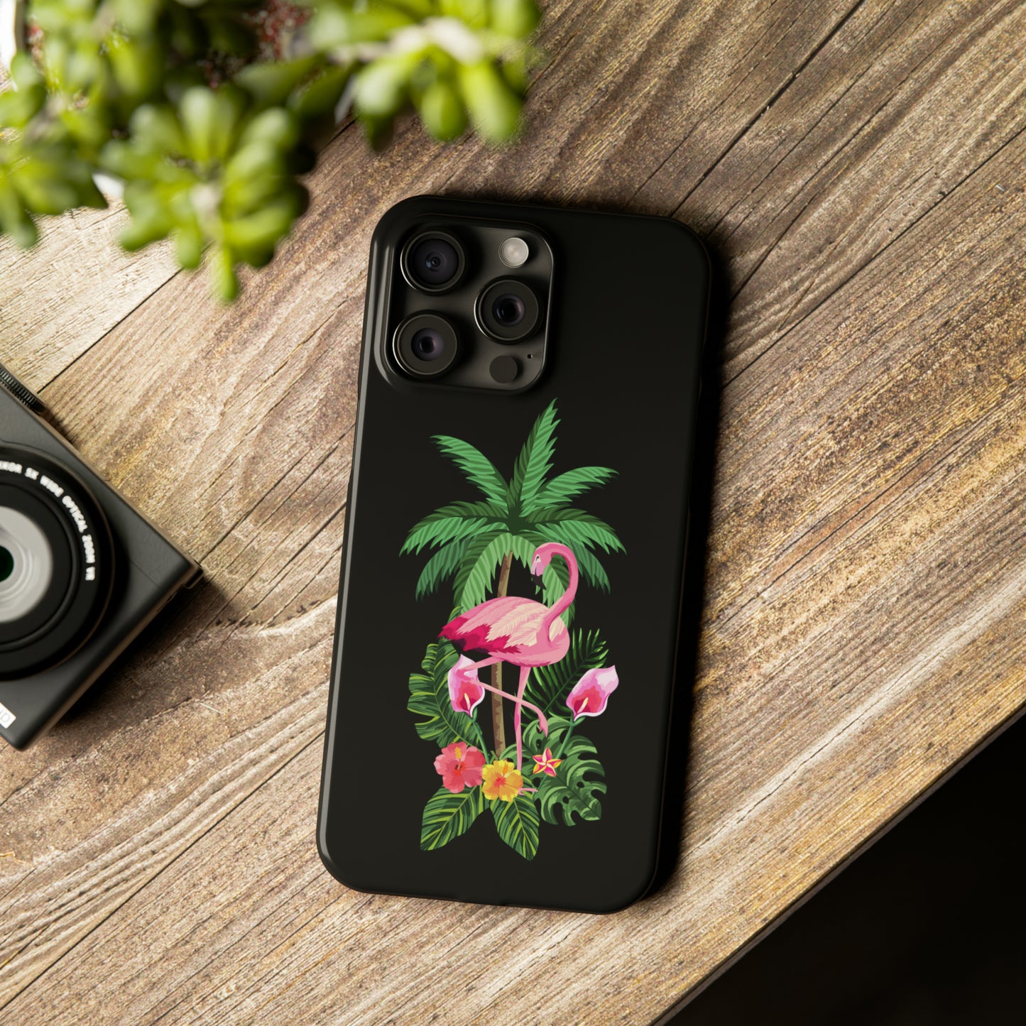 Tropical Pink Flamingo and Flowers Black Background Iphone 15-12 Slim Phone Case