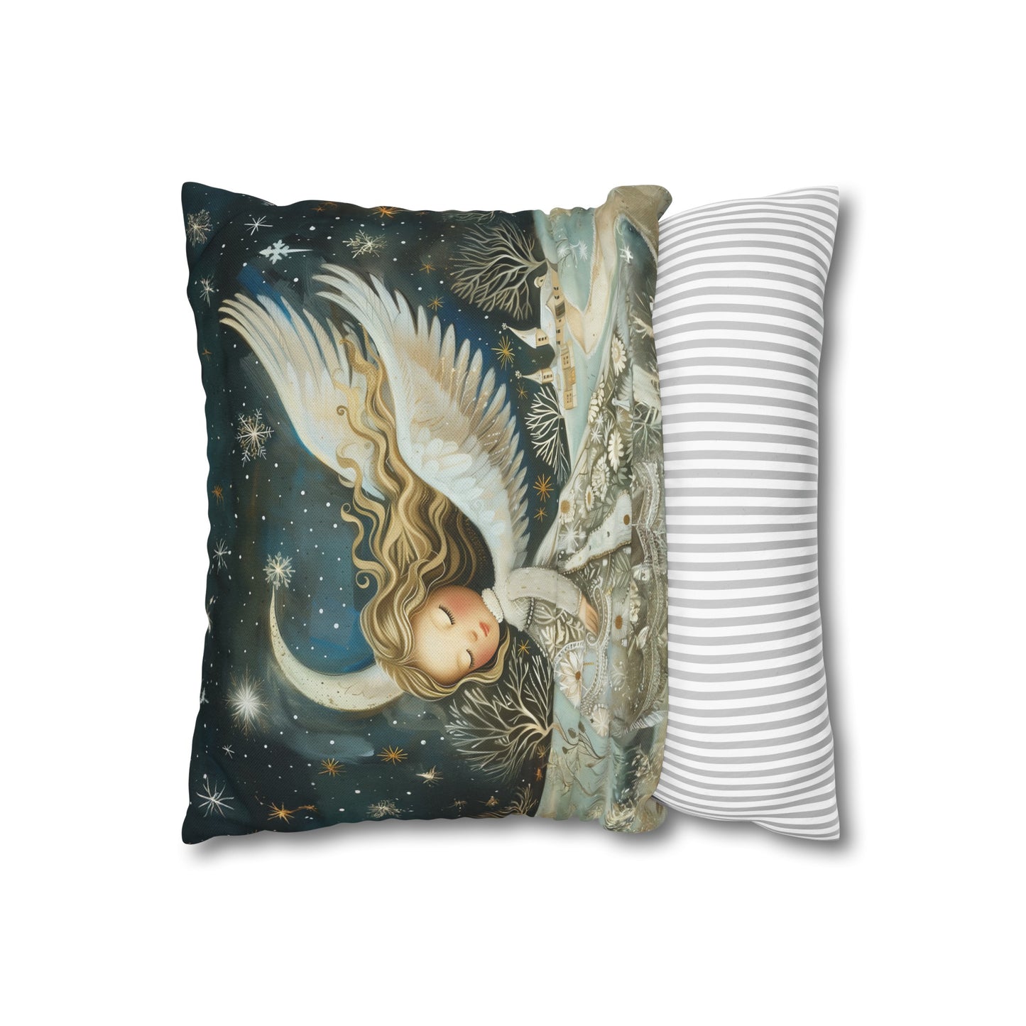 Guardian of Bloom: Young Angel in Floral Dress Amidst a Quaint Village Spun Polyester Square Pillowcase 4 Sizes