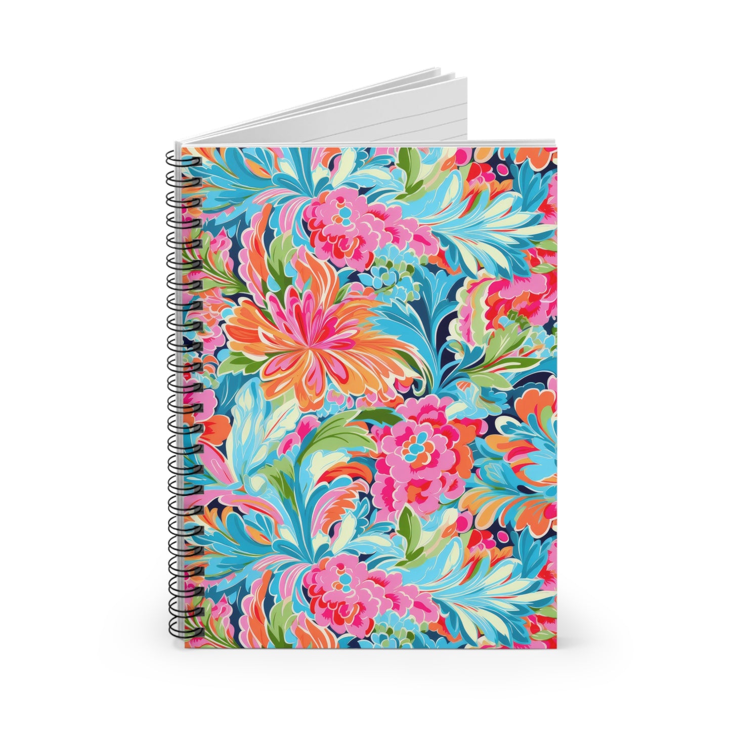 Tropical Radiance: Bursting Summer Blooms in Teal, Orange, and Pink Spiral Ruled Line Notebook
