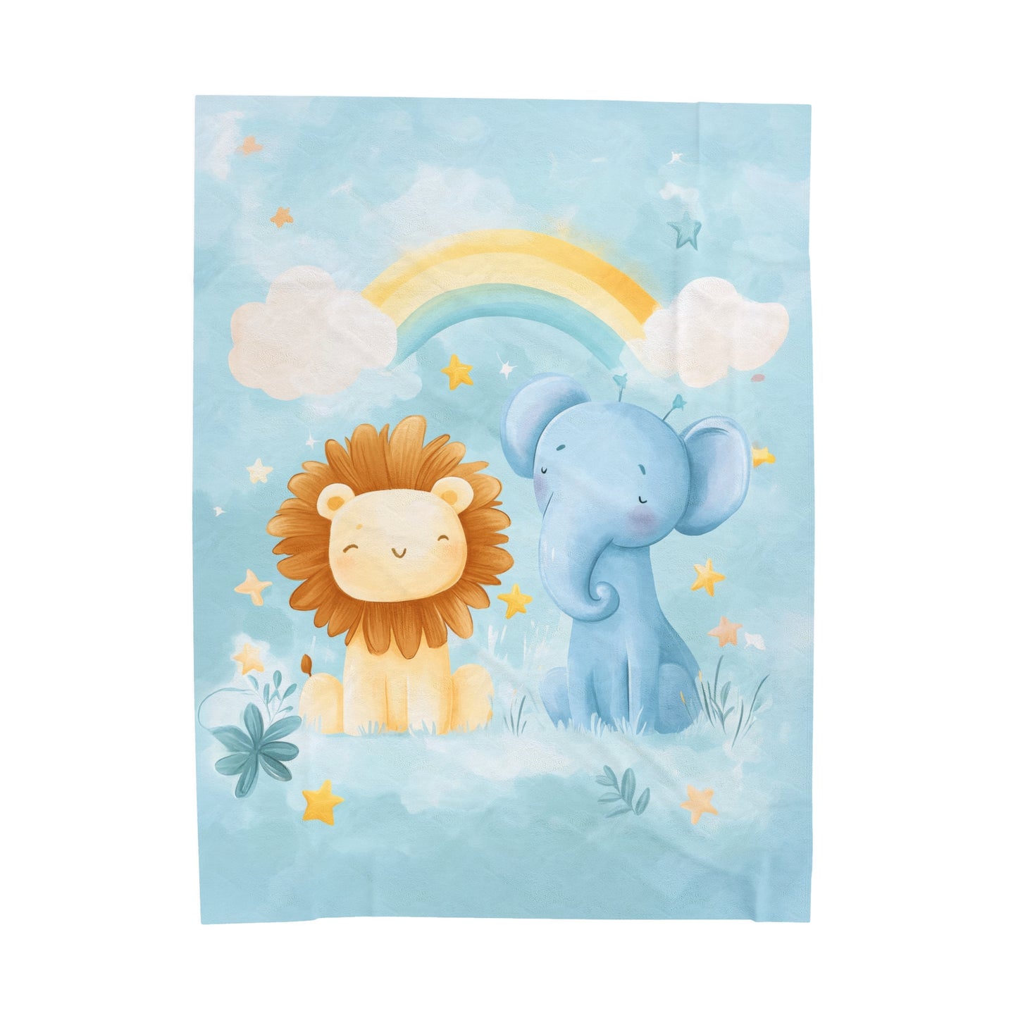 Safari Dreamscape of Adorable Lion and Elephant with Rainbow and Stars Velveteen Plush Blanket 3 Sizes