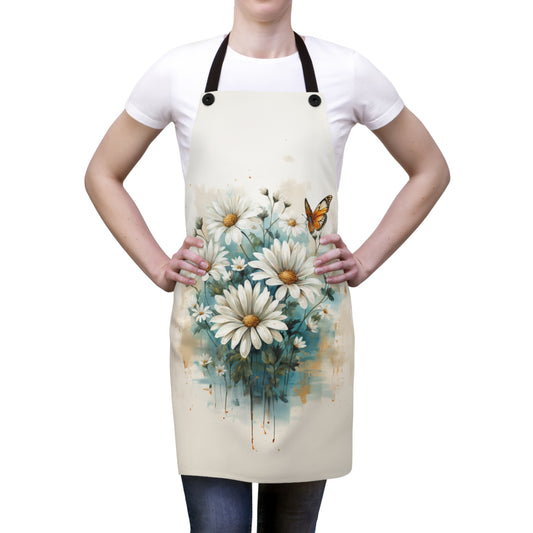 Rustic Farmhouse Teal and White Wild Daisies and Butterflies - Kitchen Chef Apron