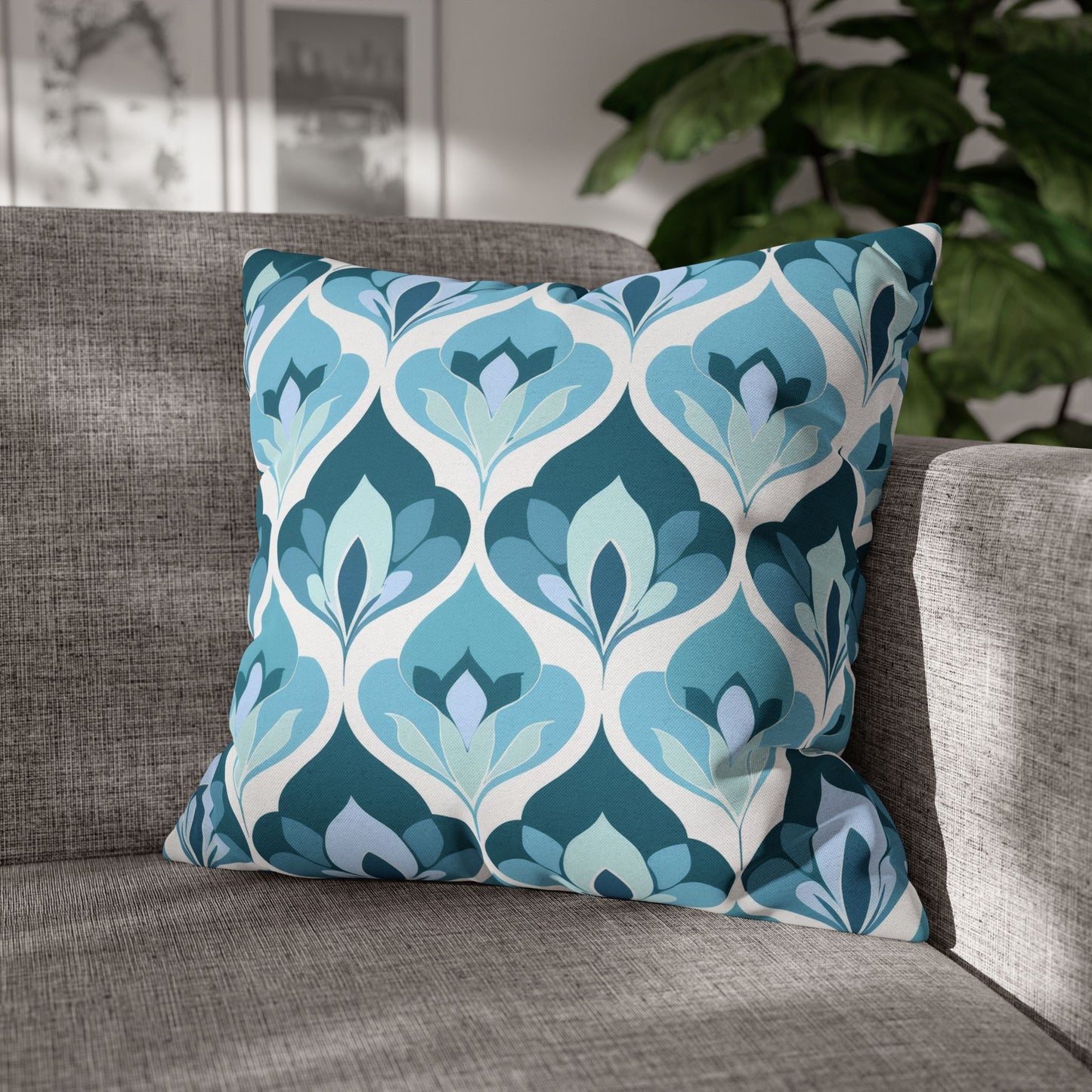 Serene Leaf Motifs Cascading in Cool Hues of Oceanic Blues Spun Polyester Square Pillowcase 4 Sizes