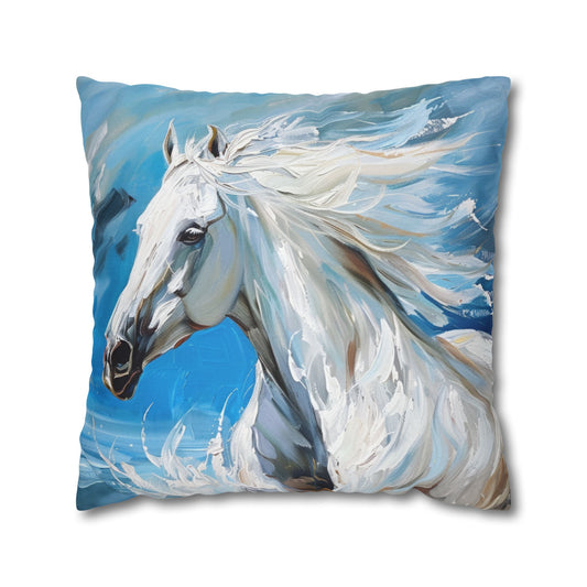 Majestic White Stallion Galloping Along the Oceans Edge Spun Polyester Square Pillowcase 4 Sizes