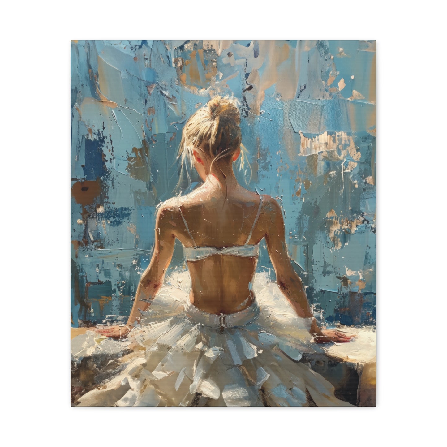 Sunlit Serenity Ballerina in White Dress, Bathed in Sunlight and Blue Skies with Back Turned Print on Canvas Gallery - 13 Sizes