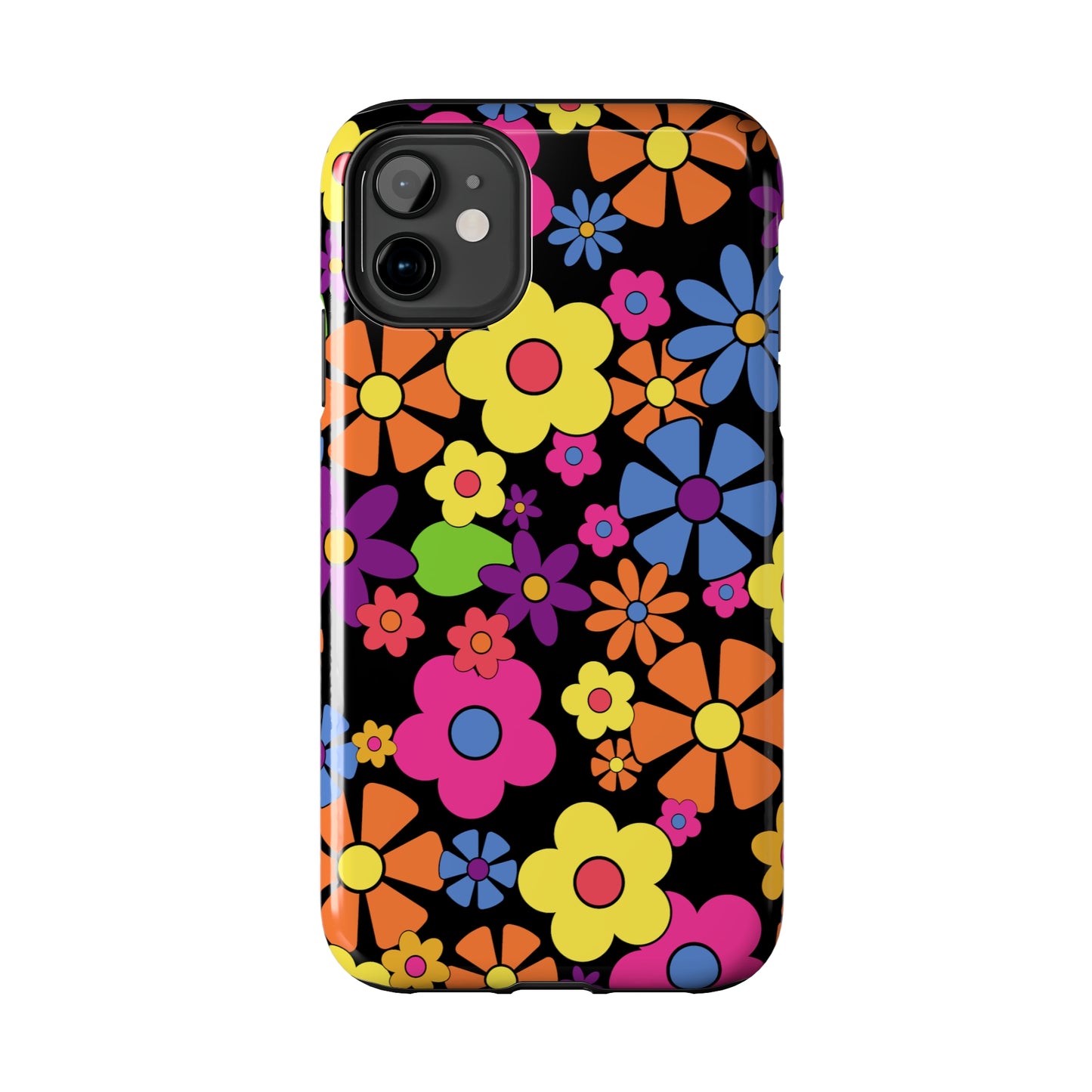 Flower Power Design on Black Background Iphone Tough Phone Case