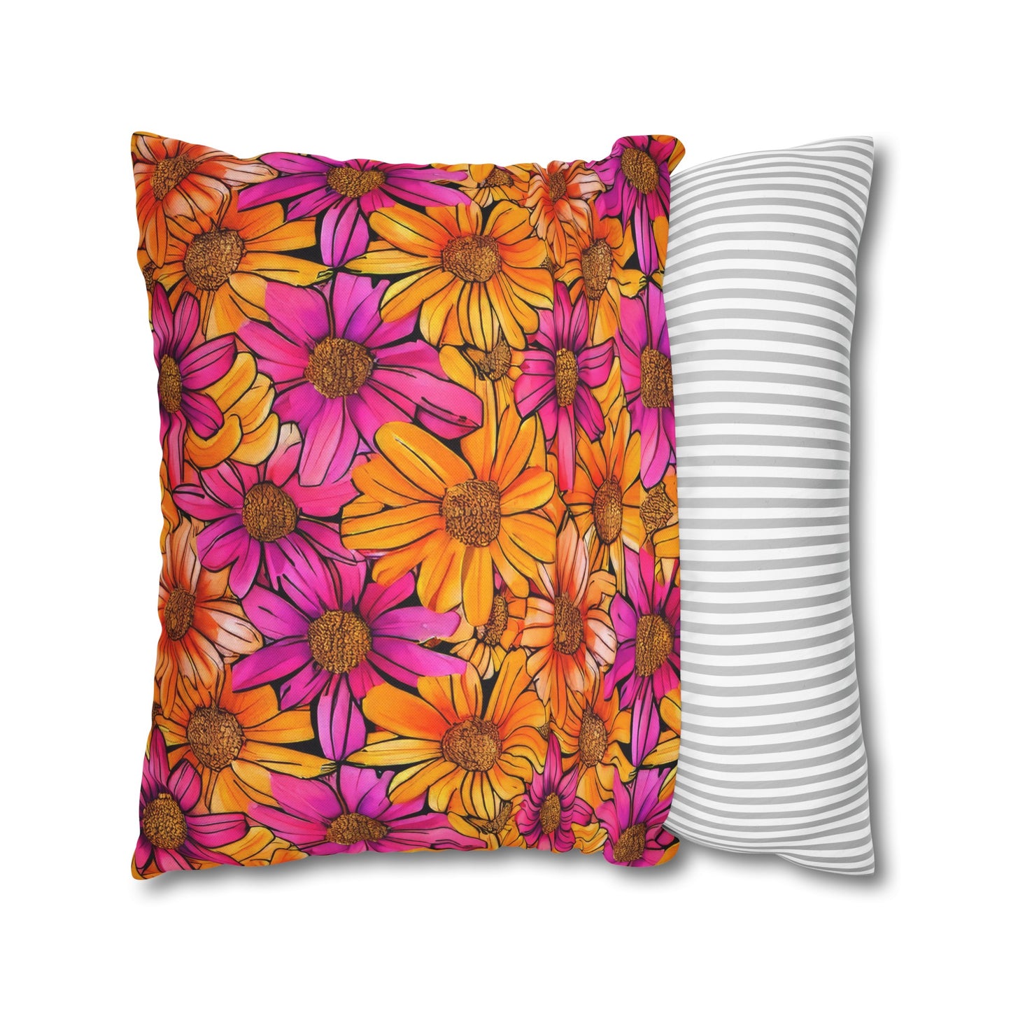 Vibrant Daisy Delight with Bold Orange and Pink Spun Polyester Square Pillowcase 4 Sizes