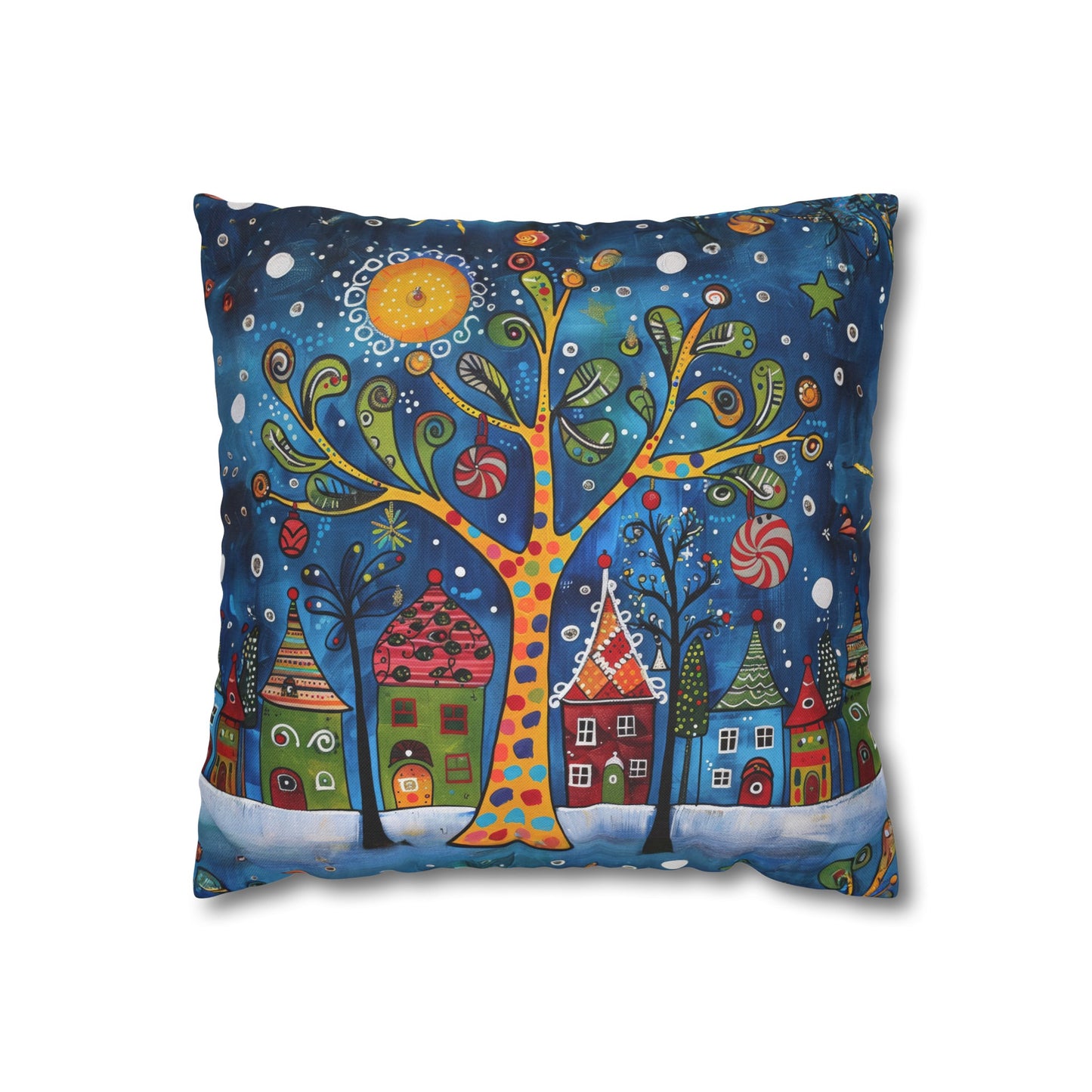 Winter Village Abstract Folk Art Christmas Scene Spun Polyester Square Pillowcase 4 Sizes