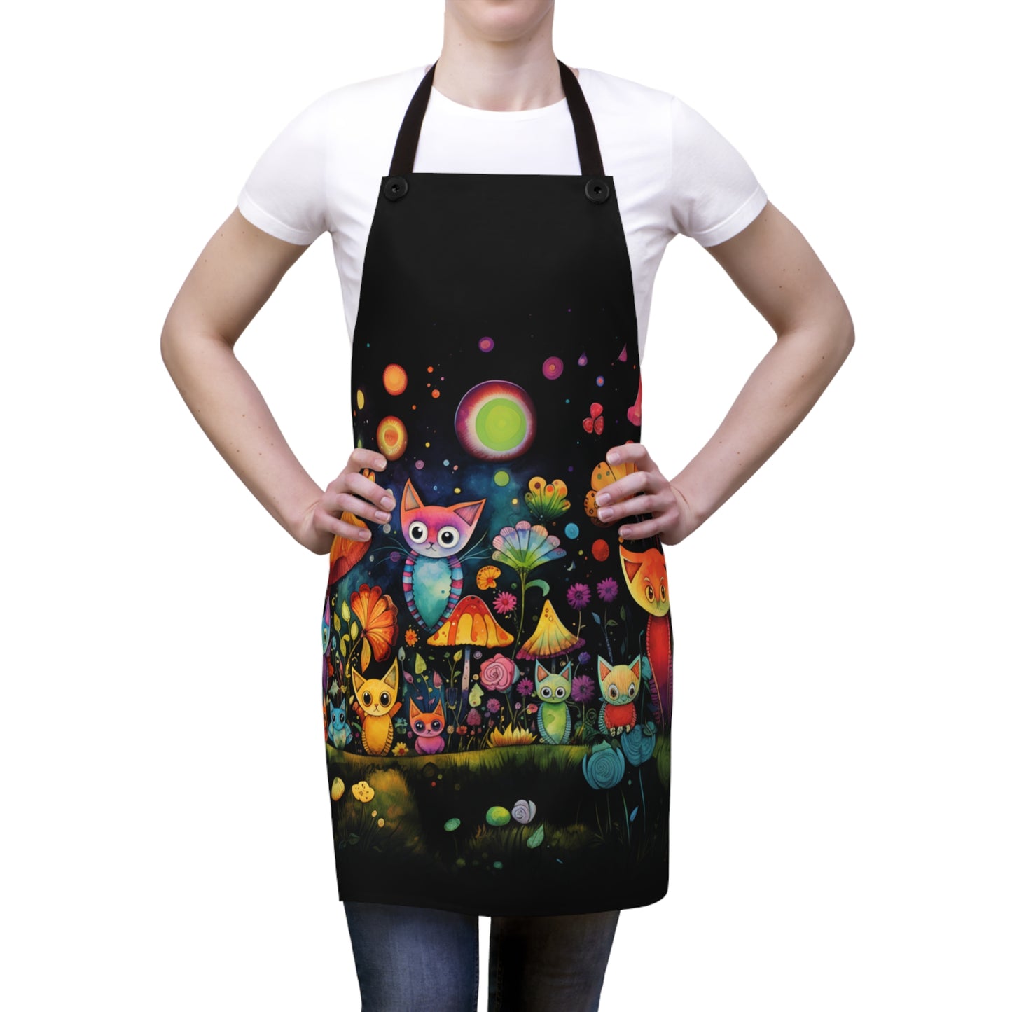 Mystical Cats Amidst a Garden of Flowers and Mushrooms, Beneath a Starry Sky- Kitchen Chef Apron