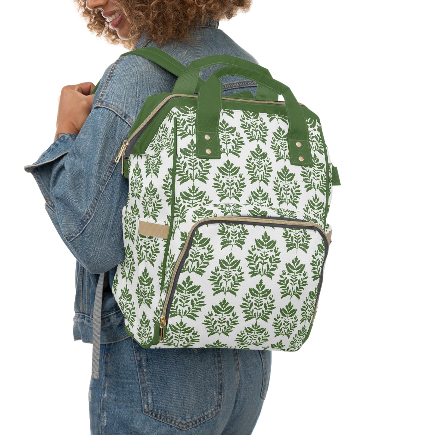 Verdant Harmony in Elegant Green Botanical Block Print Pattern Multifunctional Diaper Backpack