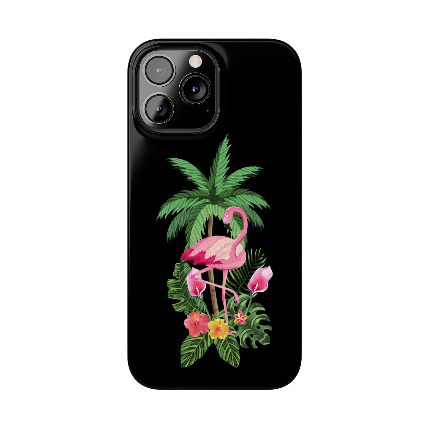 Tropical Pink Flamingo and Flowers Black Background Iphone 15-12 Slim Phone Case