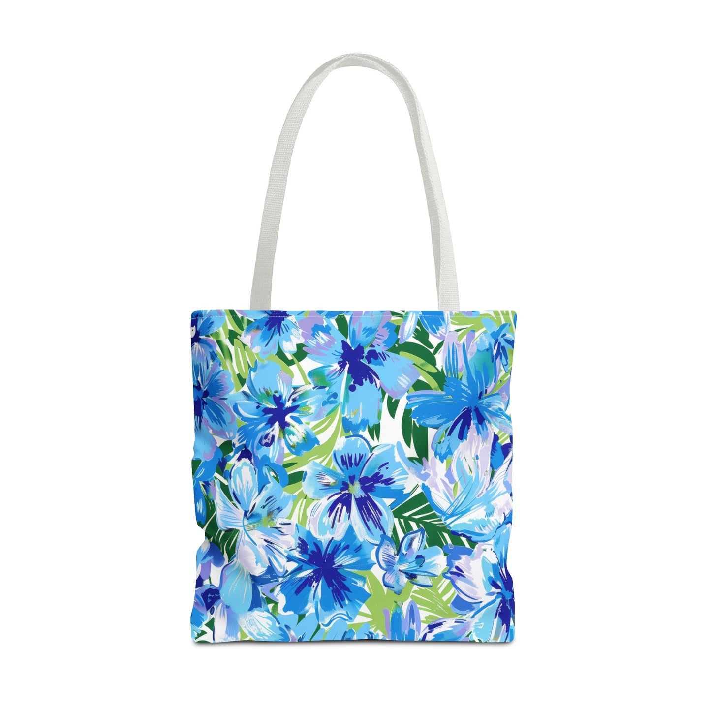 Azure Bloom Oasis: Bright Blue Large Flowers with Lush Green Palm Leaves  Canvas Tote Bag 3 Sizes