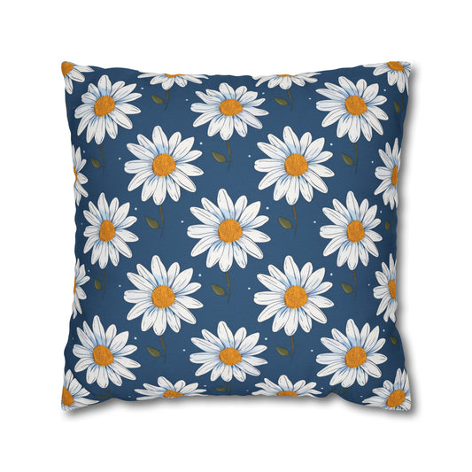 Elegant White Daisies on Navy Blue Background Spun Polyester Square Pillowcase 4 Sizes