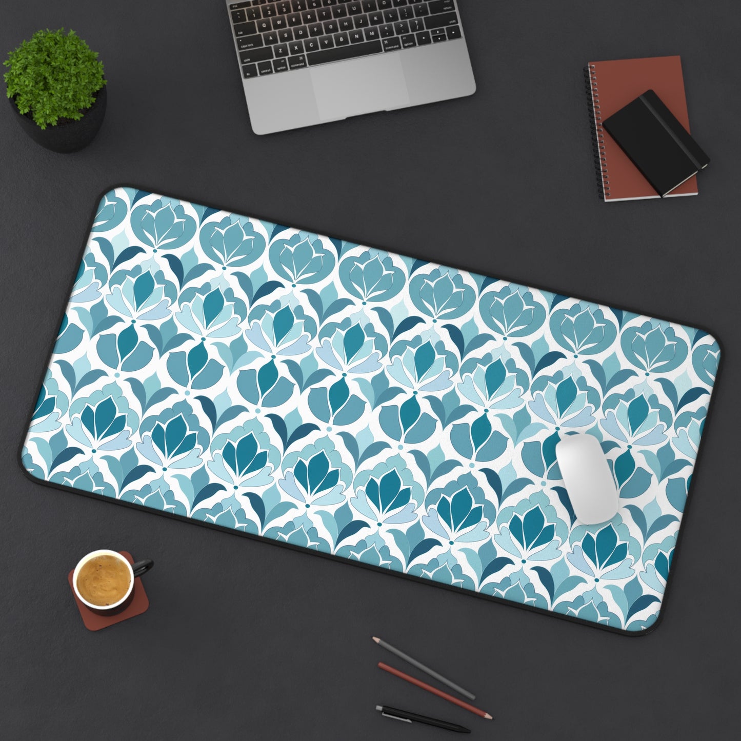 Serene Floral Pattern in Shades of Aqua and Teal, Forming Graceful Botanical Motifs Extended Gaming Mouse Pad  Desk Mat  - 3 Sizes