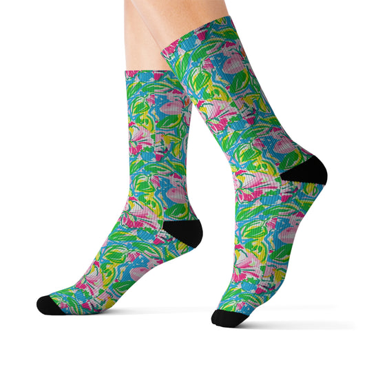 Whispering Meadows: Pink Blossoms, Lush Green Leaves, and Accents of Yellow and Blue Ribbed Crew Socks