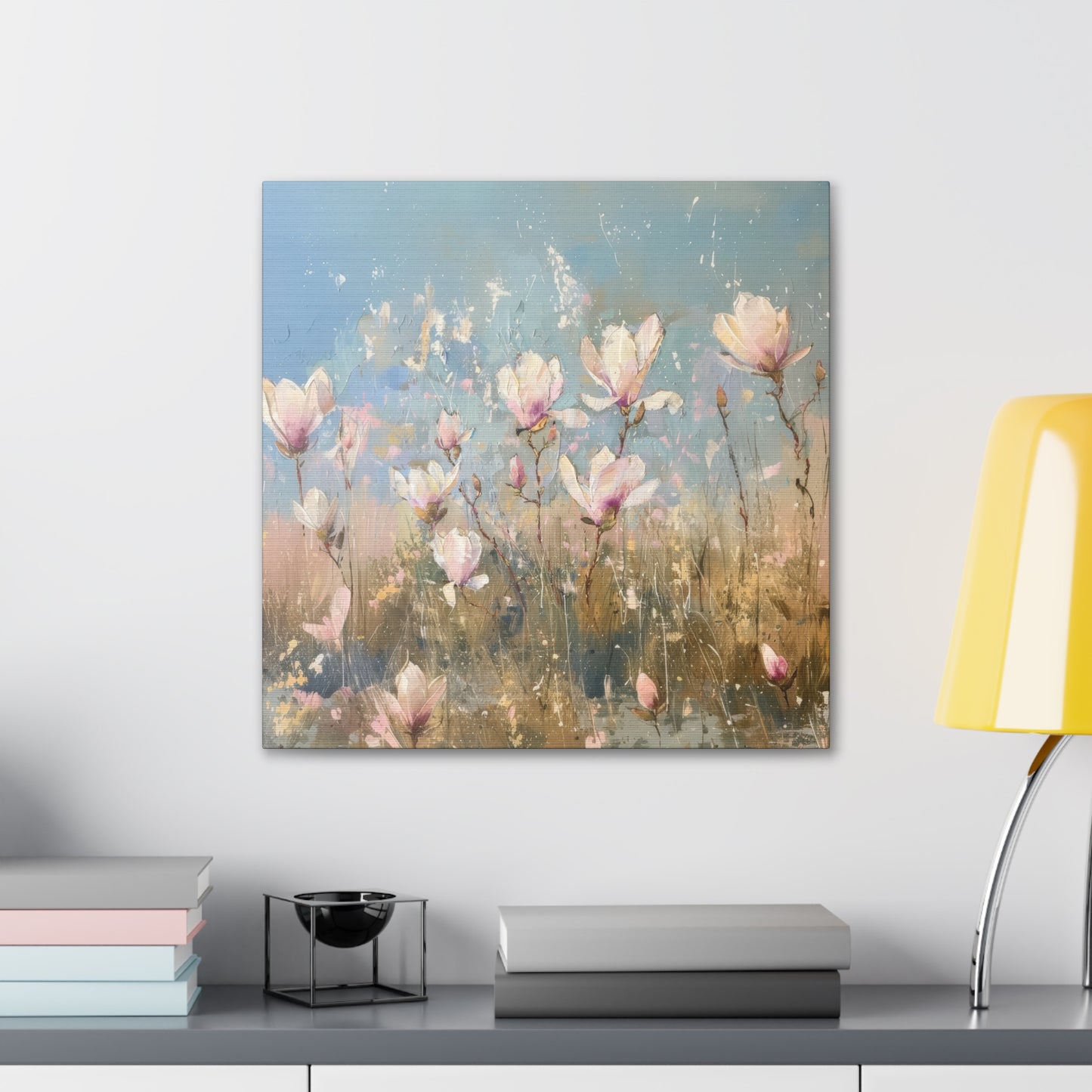 Gentle Spring Serenity: Soft White and Pink Wildflowers Blooming in a Sunlit Field Print on Canvas Gallery Wraps  - 5 Sizes