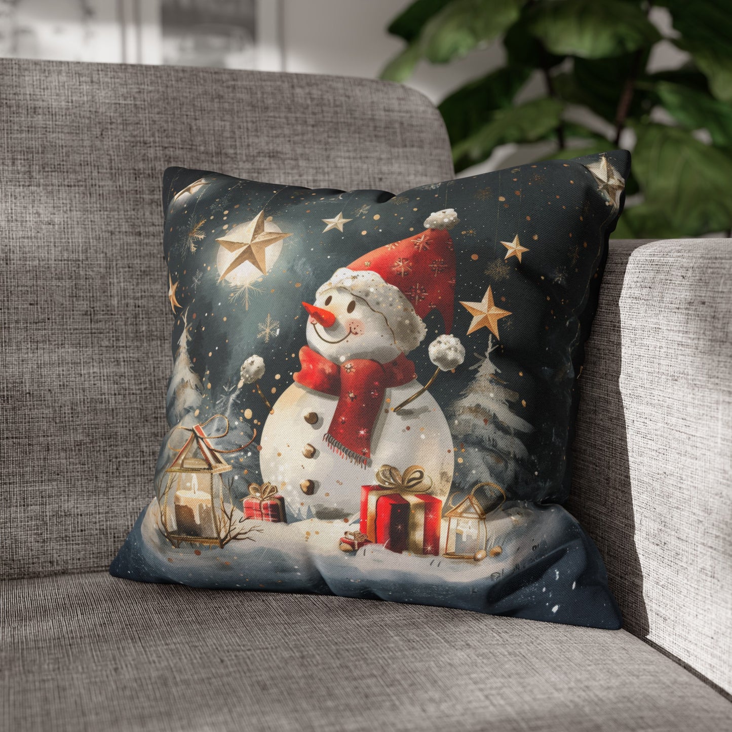 Moonlit Frost: Snowman Basking in Moonlight Surrounded by Presents Spun Polyester Square Pillowcase 4 Sizes