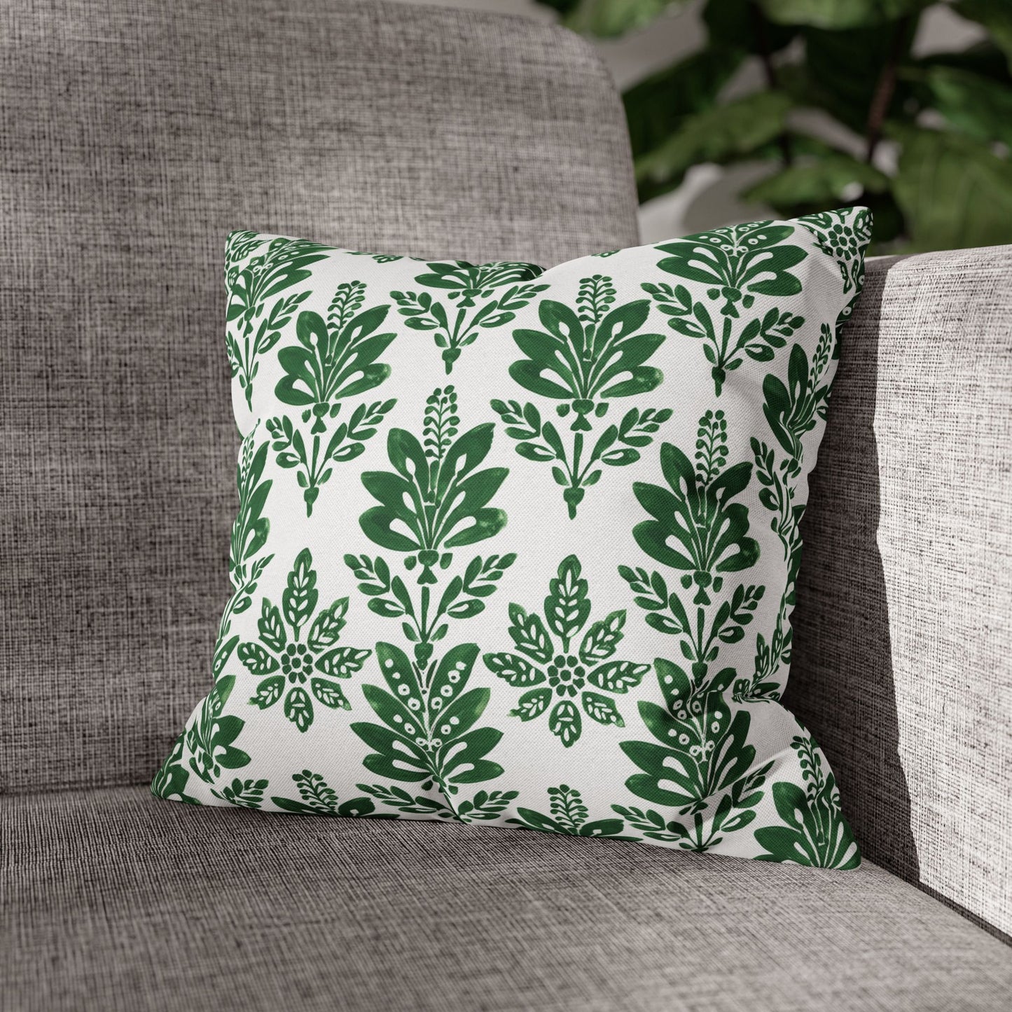 Green Botanical Indian Block Print Pattern Spun Polyester Square Pillowcase 4 Sizes