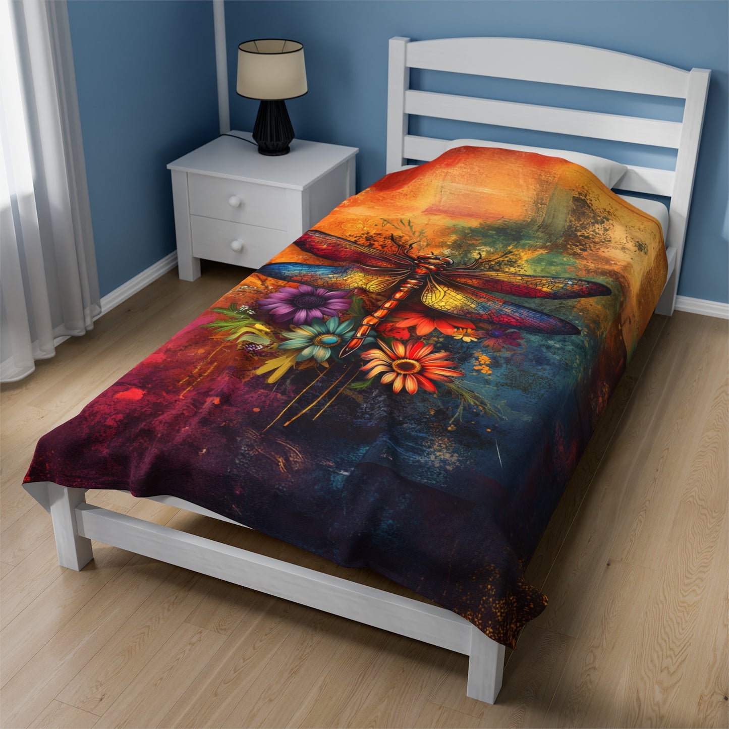 Mesmerizing Vibrant Dragonfly and Flowers Velveteen Plush Blanket 3 Sizes