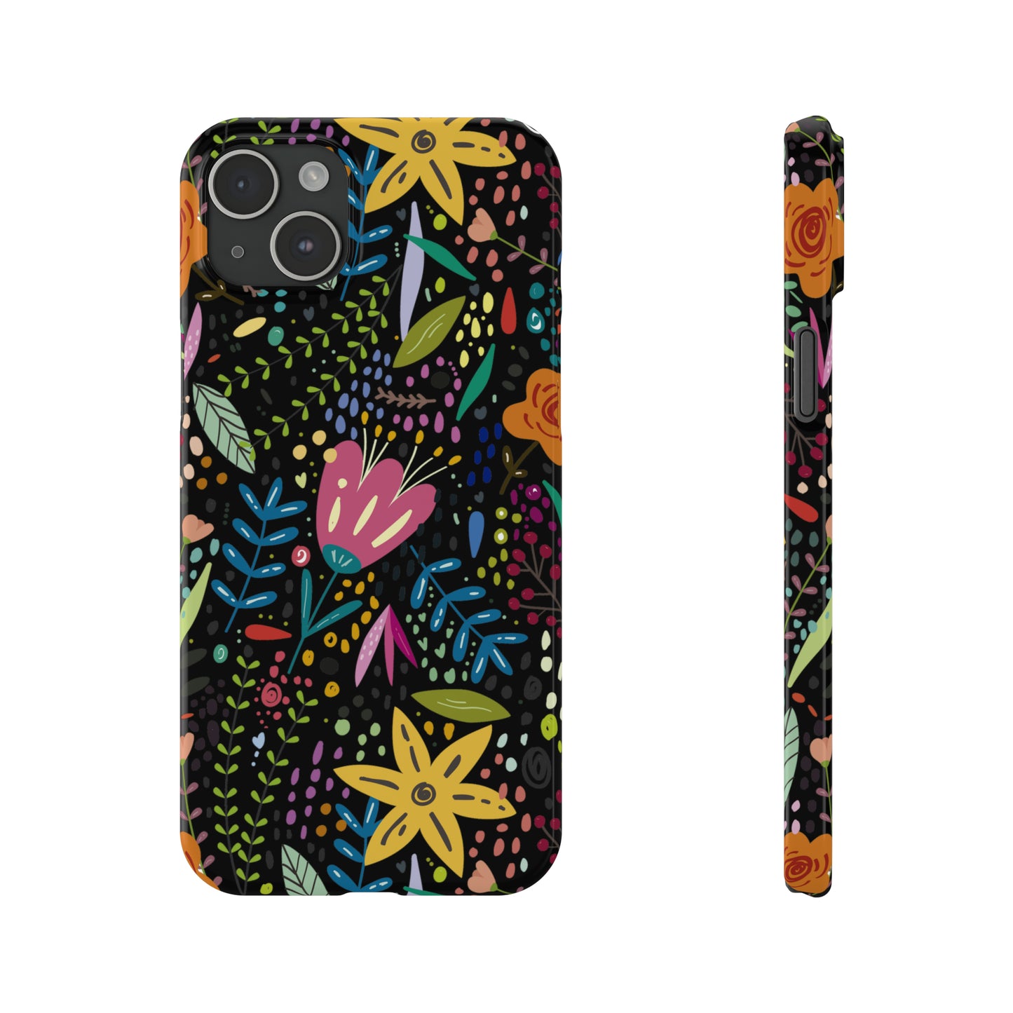 Springtime Splendor: Hand-Drawn Flowers Bursting with Vibrant Colors Design on Black Iphone 15-12 Slim Phone Case