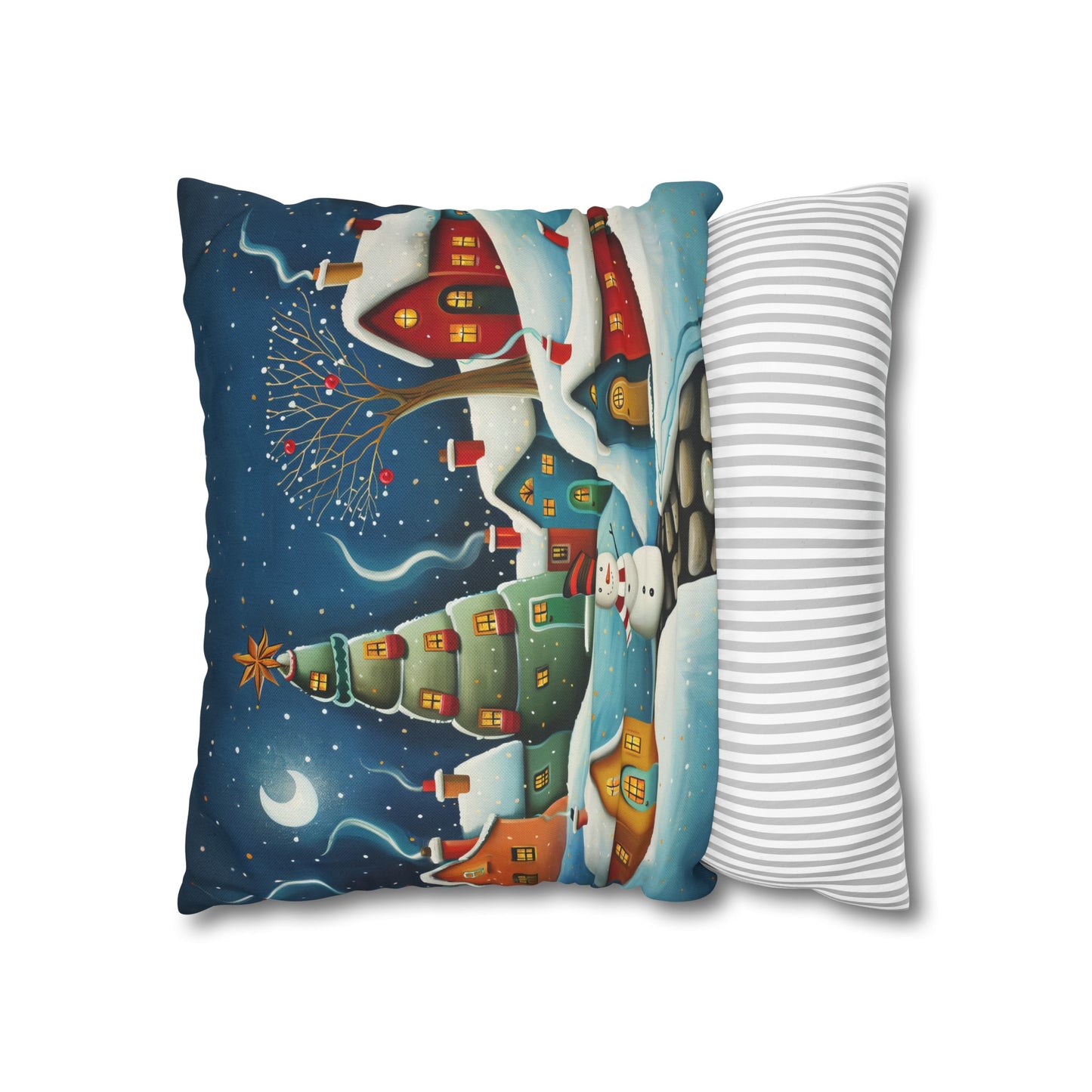 Starry Snowman Serenade: Village under a Starry Night Sky Spun Polyester Square Pillowcase 4 Sizes