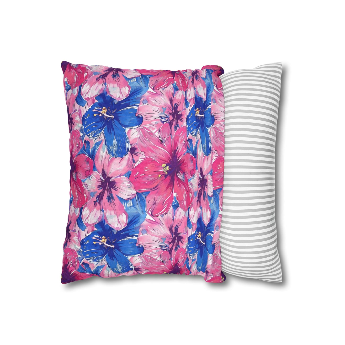 Blooming Bliss: Large Pink and Blue Blossoms in Full Bloom Spun Polyester Square Pillowcase 4 Sizes