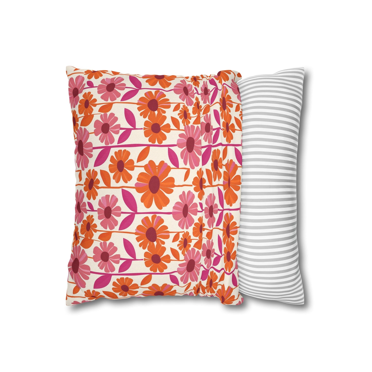 Retro Floral Bliss with Bold Pink and Orange Flower Design Spun Polyester Square Pillowcase 4 Sizes