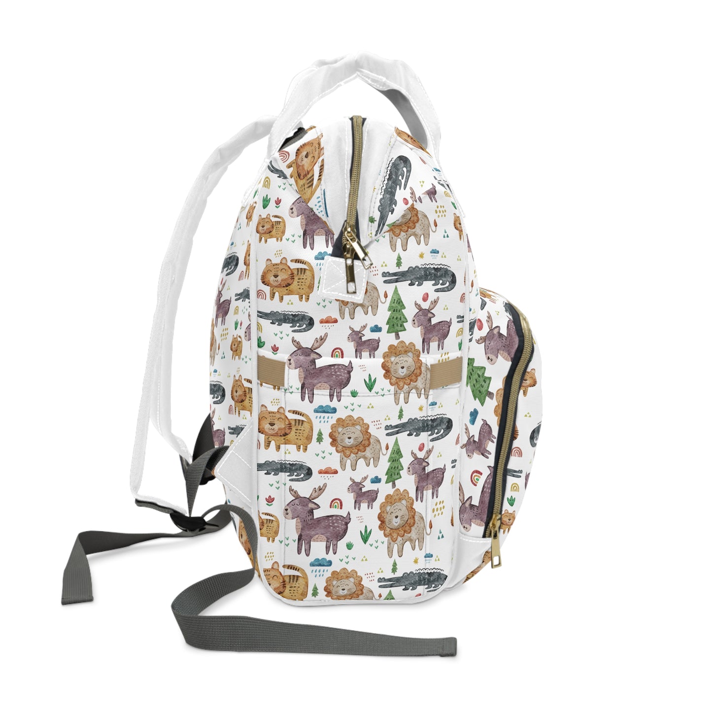 Jungle Jamboree: Kids' Cartoon Lions, Tigers, Alligators, and Reindeer Multifunctional Diaper Backpack