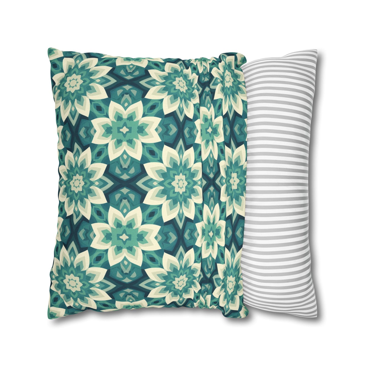 Intricate Aqua and Teal Mandala Floral Pattern Spun Polyester Square Pillowcase 4 Sizes